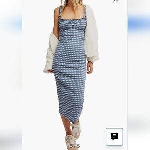 Free People Blue Gingham Checkered Midi Dress, Size Small, Lace Up Back